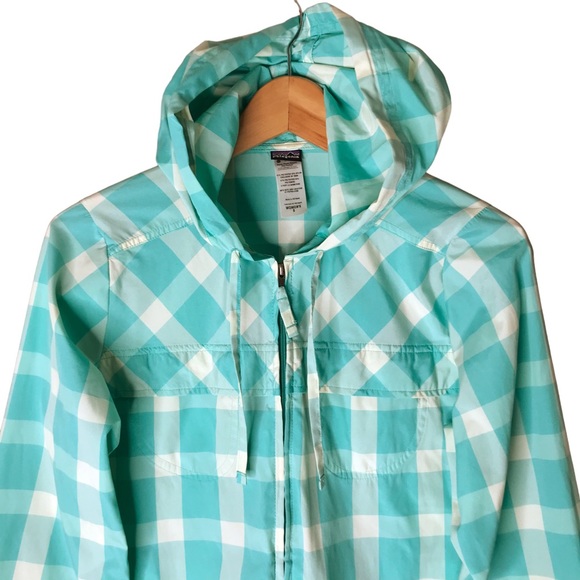 Women's Small Patagonia Check Gingham Shell Jacket Coat Aqua Cream Windbreaker - Picture 2 of 11